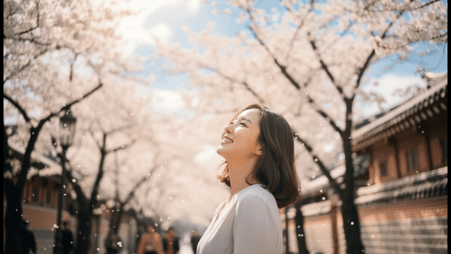 Woman enjoying cherry blossoms in spring