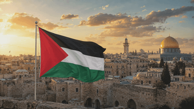 Palestinian flag and panoramic view of Dome of Rock in Jerusalem
