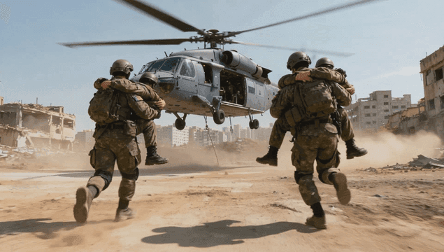 군인들이 동료를 헬리콥터로 옮기는 모습