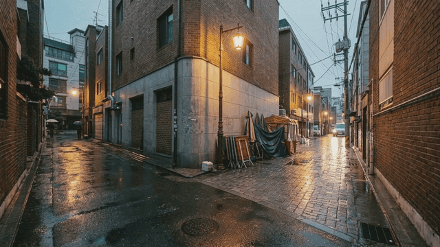 Rainy evening in a quiet urban alley