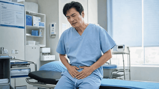 Male patient holding his stomach in hospital room