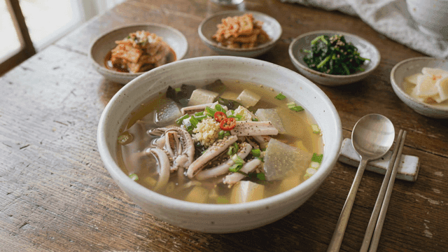 Side dishes and bowl of clear squid soup