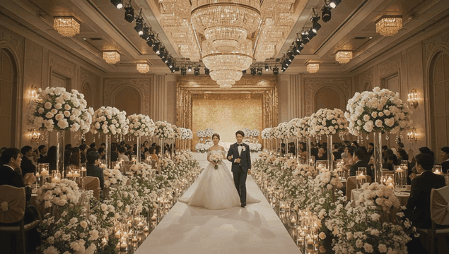 A couple walking down the aisle in a wedding hall