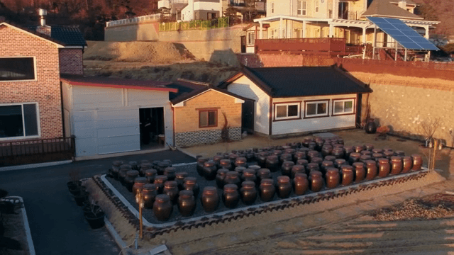 마당에 놓인 전통 한국 항아리