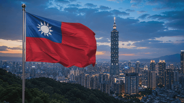 Taiwanese flag and city skyline with prominent tower