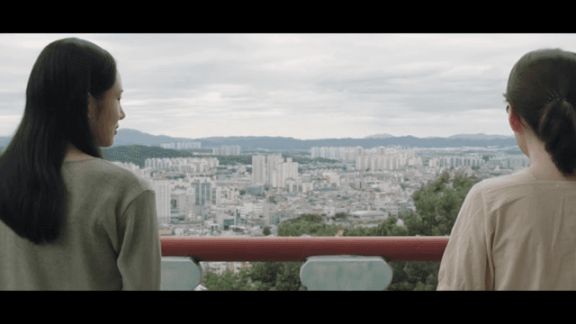 Two women talking while looking at the city view from a hill