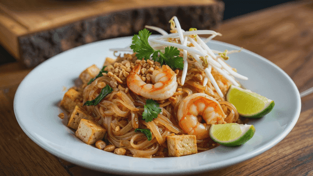 Plate of Pad Thai with shrimp and lime