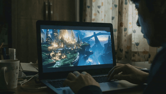 Person who plays fantasy games on laptop