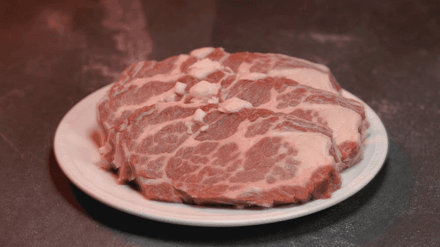 Marbled beef slices on a white plate