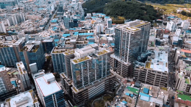 Bustling city with tall skyscrapers