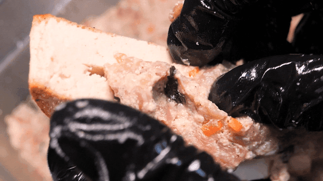 Gloved hands preparing tofu and meat