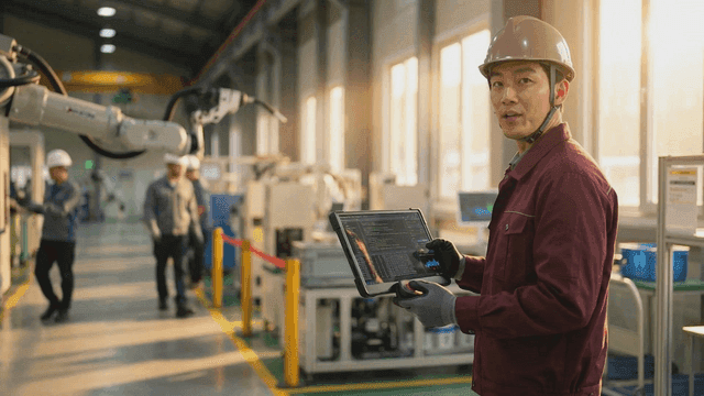Engineer monitoring robotic arm in factory