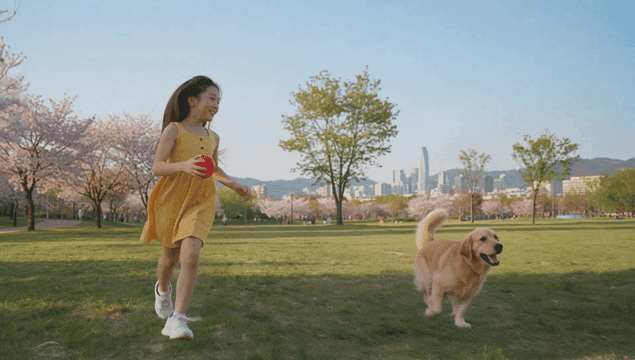 벚꽃이 핀 공원에서 뛰어노는 소녀와 강아지