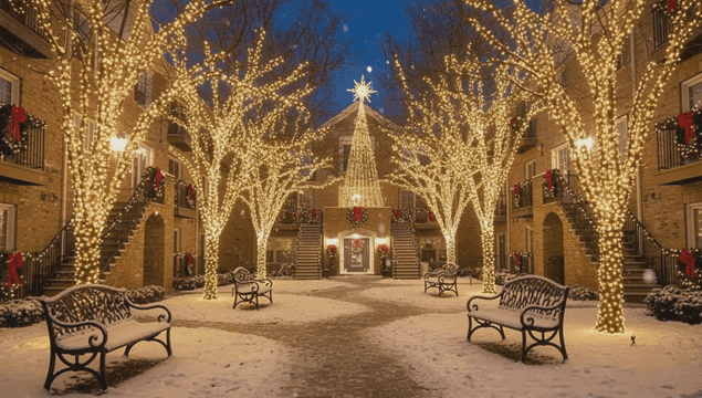 눈 오는 크리스마스 트리 조명이 빛나는 겨울 정원 광경