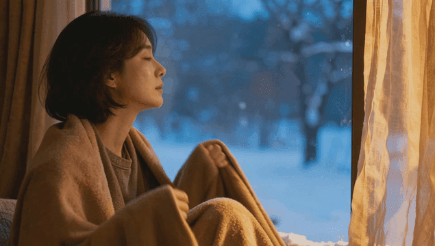 침실 안에서 창문 너머 눈 덮인 풍경을 바라보는 여성