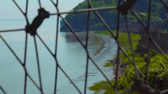 Peaceful coastal view beyond the iron bars