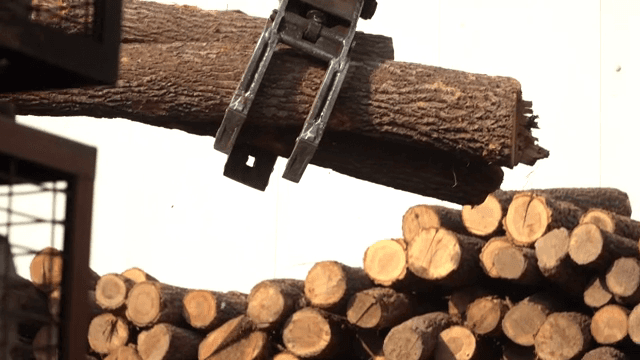 야외에서 통나무를 쌓는 굴착기