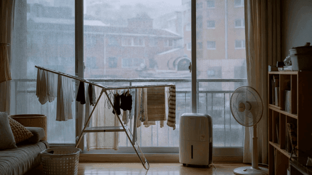 Living room in house where laundry drying rack, fan, and dehumidifier are running