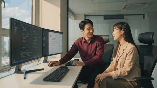 Colleagues reviewing code at desk