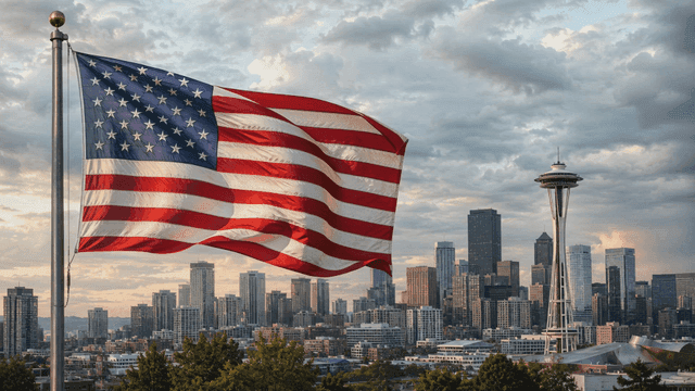 American flag waving with city skyline