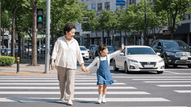 Grandmother and granddaughter crossing road with their hands raised