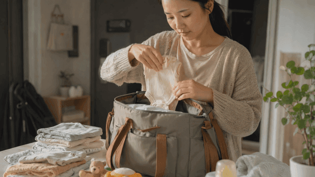 A woman packing a diaper bag at home