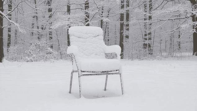 Chair covered in snow in a winter forest