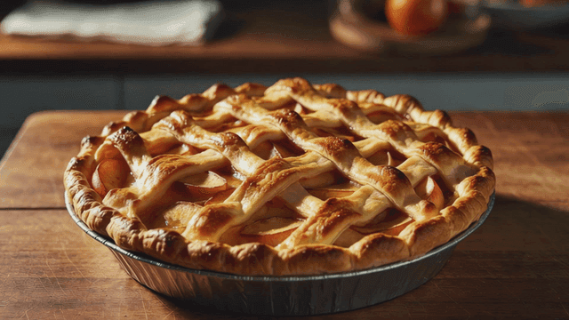 Freshly baked apple pie on a wooden table