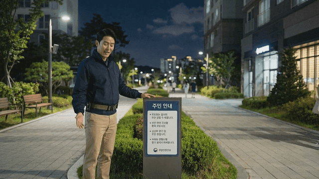 Security guard standing next to sign in apartment park at night