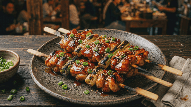 Grilled yakitori skewers on a plate