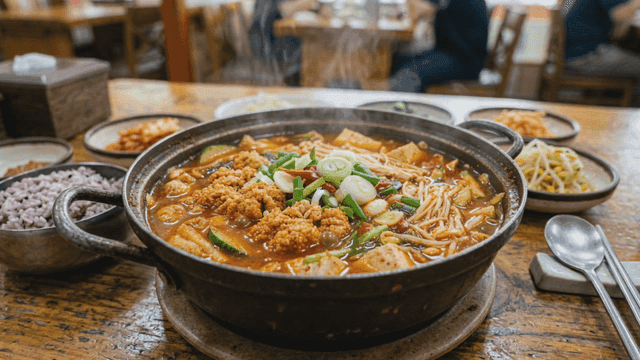 Steaming kimchi stew on table