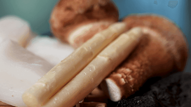 White asparagus and matsutake mushrooms