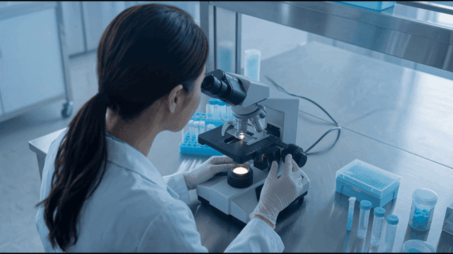 Scientist examining samples under a microscope