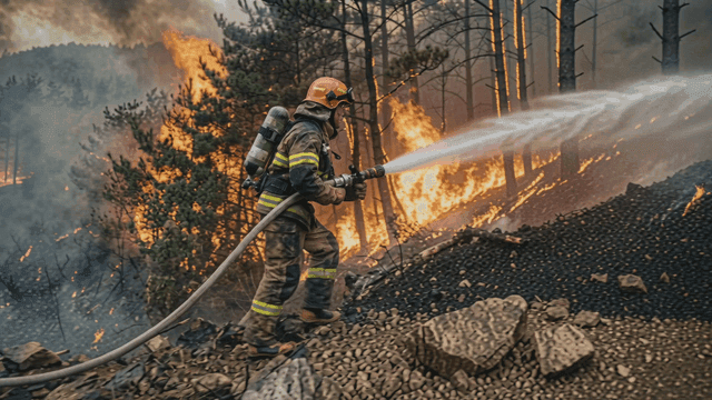 Firefighter battling a forest fire