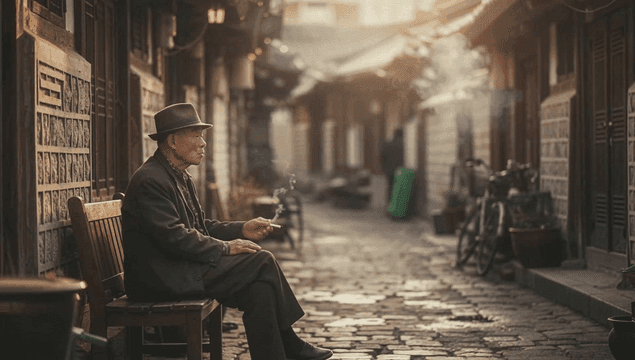 전통 한옥 마을 골목에서 담배를 피우는 노인