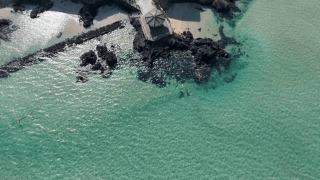 Aerial view of a clear turquoise sea and rocky shore