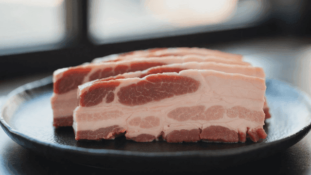 Pork belly slices placed on black plate