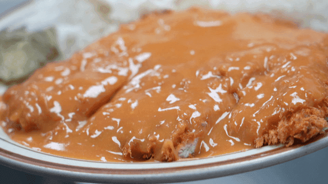 소스가 뿌려진 돈까스 한 접시