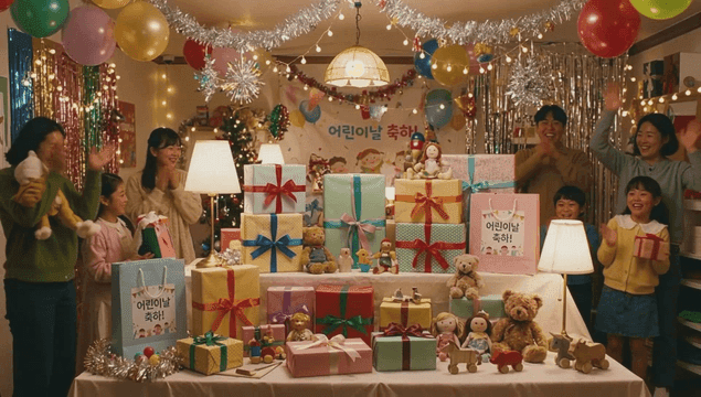 Children's Day celebration with piles of gifts