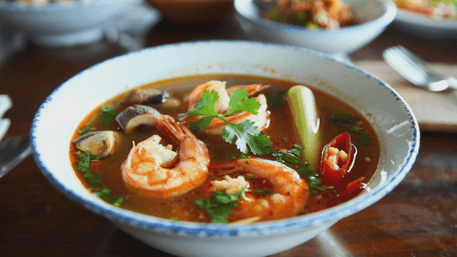 Bowl of spicy shrimp Tom Yum soup with herbs