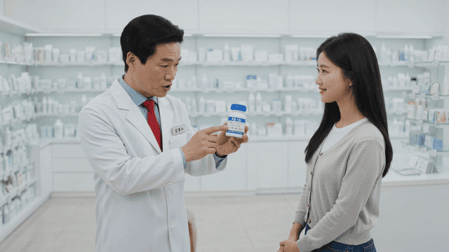 Pharmacist explaining medicine to customer