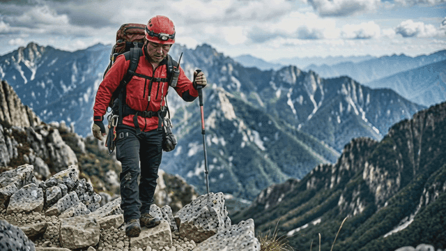 Hikers climbing rocky mountain trail
