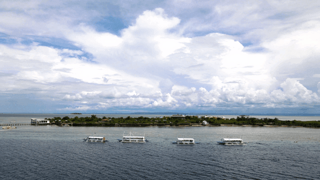 Boats floating near a scenic coastline