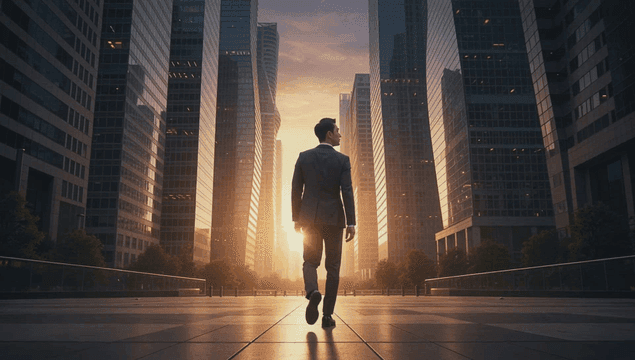 Back of an office worker walking in the city at sunset