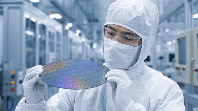 Technician inspecting a semiconductor wafer