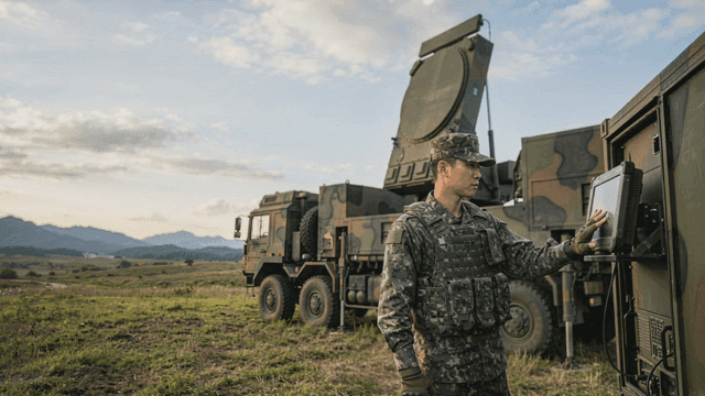 Soldier operating military equipment in field