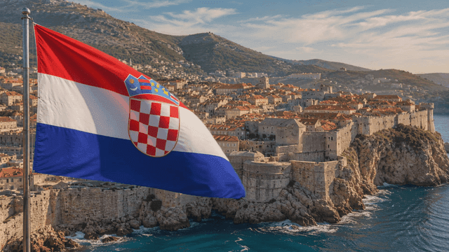 Croatian flag waving over historic city