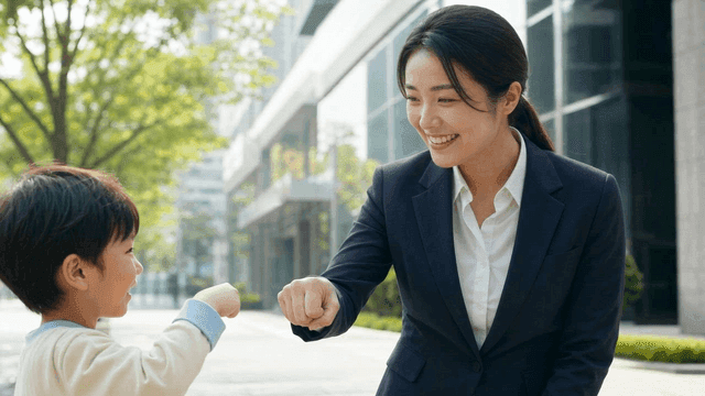 Woman and child exchanging fist bump