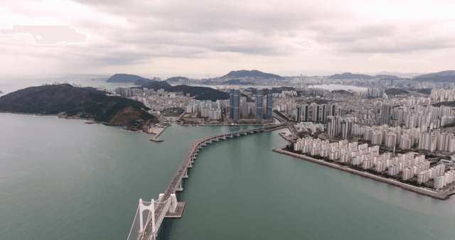 Coastal city view with large bridge