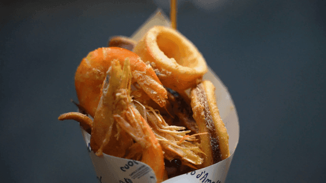 Cone filled with fried seafood